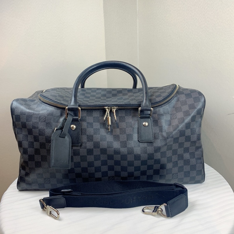 Louis Vuitton LV 男士棋盤格黑色大號旅行袋登機箱 有長肩帶和鎖頭 尺寸：55*25*28cm-0