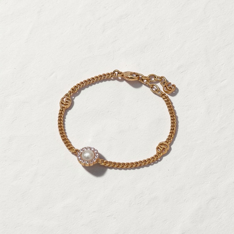 莉亞精品♡ Gucci 花型珍珠粉鑽手鍊 二手美品-0