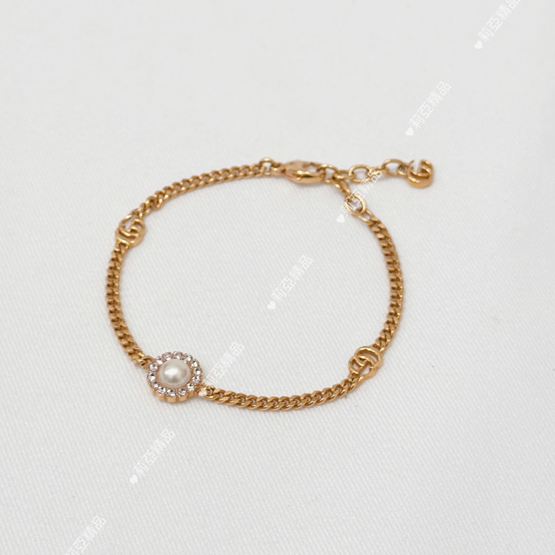 莉亞精品♡ Gucci 花型珍珠粉鑽手鍊 二手美品-2