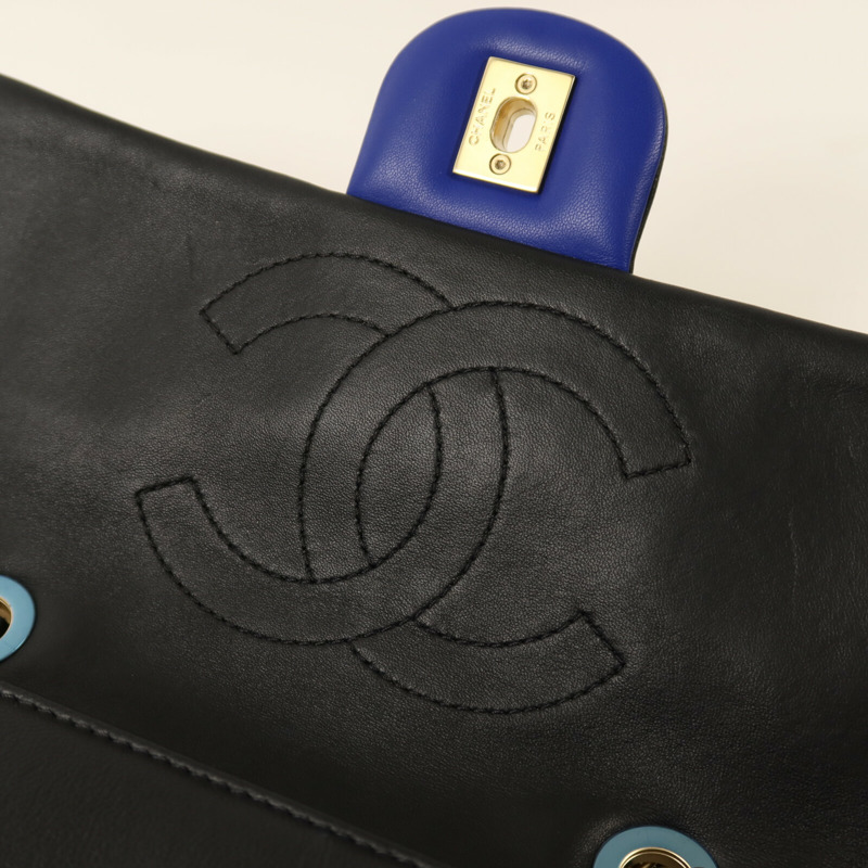 CHANEL 羊皮皮革Colorblock Medium Flap Bag金扣鏈帶肩背袋-7