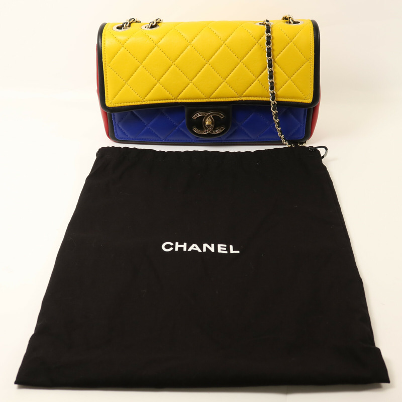 CHANEL 羊皮皮革Colorblock Medium Flap Bag金扣鏈帶肩背袋-9