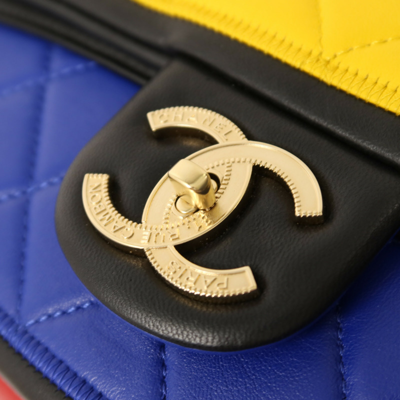 CHANEL 羊皮皮革Colorblock Medium Flap Bag金扣鏈帶肩背袋-10