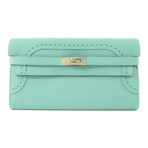HERMES Swift皮革Kelly Wallet Ghillies銀扣長錢包Blue Atoll