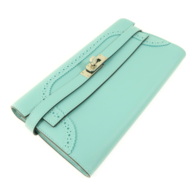 HERMES Swift皮革Kelly Wallet Ghillies銀扣長錢包Blue Atoll-2