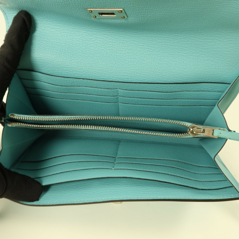 HERMES Swift皮革Kelly Wallet Ghillies銀扣長錢包Blue Atoll-4