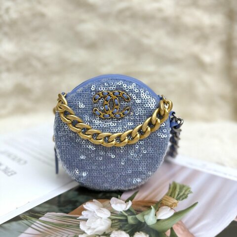 Chanel 19 Bag 圓餅包 藍色 菱格紋 亮片 mini 金扣 金銀鏈