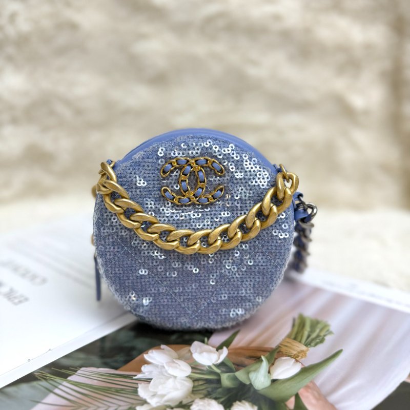 Chanel 19 Bag 圓餅包 藍色 菱格紋 亮片 mini 金扣 金銀鏈-0