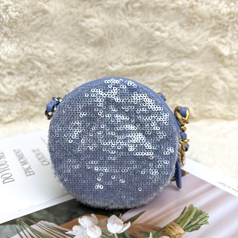 Chanel 19 Bag 圓餅包 藍色 菱格紋 亮片 mini 金扣 金銀鏈-1