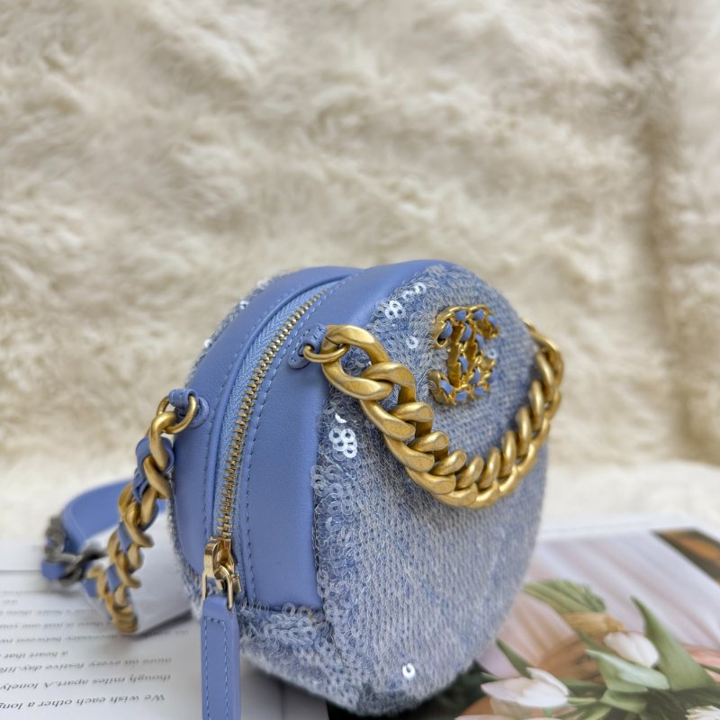 Chanel 19 Bag 圓餅包 藍色 菱格紋 亮片 mini 金扣 金銀鏈-2