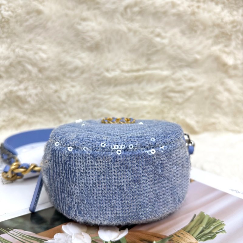 Chanel 19 Bag 圓餅包 藍色 菱格紋 亮片 mini 金扣 金銀鏈-3
