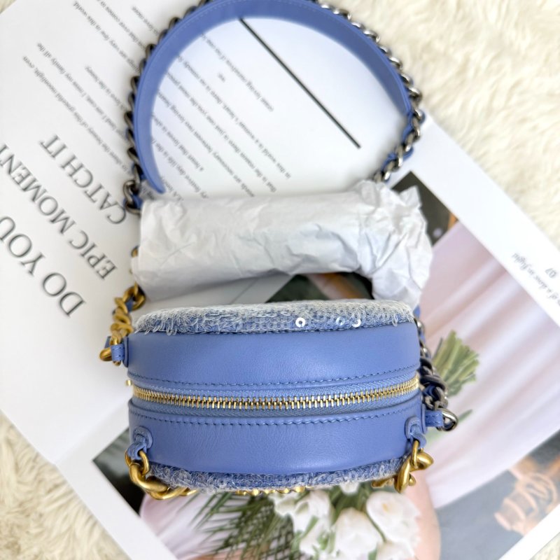 Chanel 19 Bag 圓餅包 藍色 菱格紋 亮片 mini 金扣 金銀鏈-4