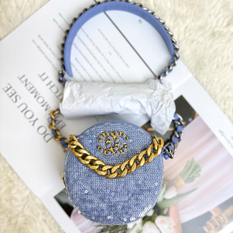 Chanel 19 Bag 圓餅包 藍色 菱格紋 亮片 mini 金扣 金銀鏈-5