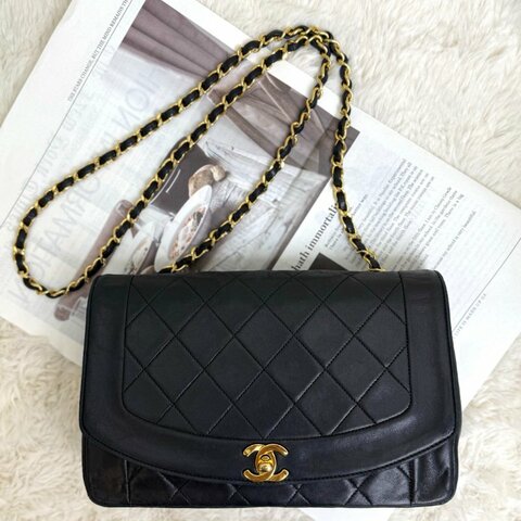 Chanel 戴妃包 黑色 菱格紋 羊皮 中號 鏈條 金扣