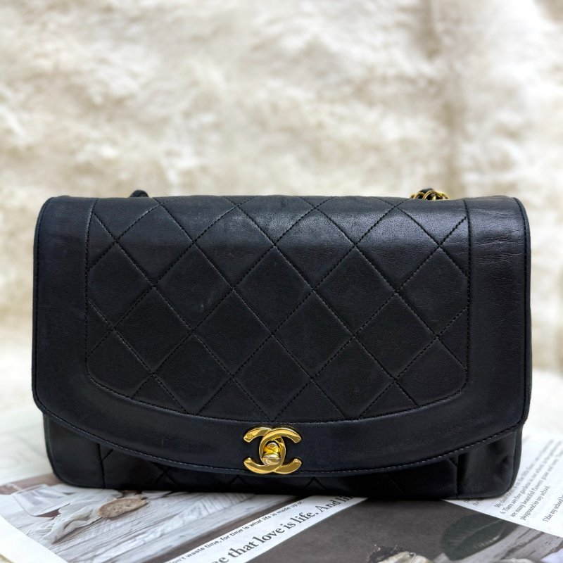 Chanel 戴妃包 黑色 菱格紋 羊皮 中號 鏈條 金扣-1