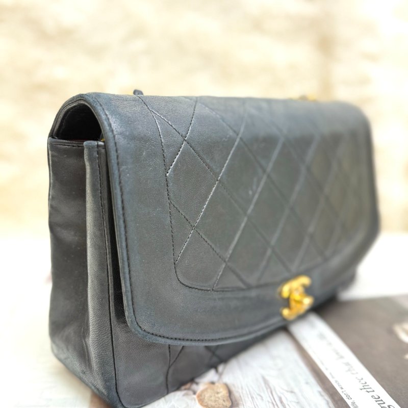 Chanel 戴妃包 黑色 菱格紋 羊皮 中號 鏈條 金扣-3