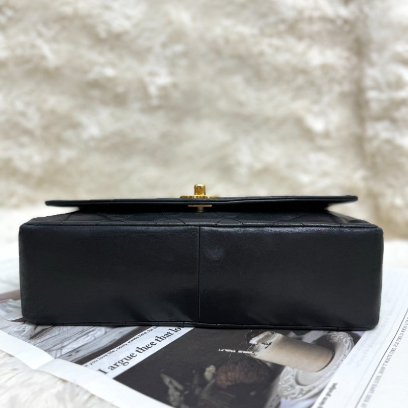 Chanel 戴妃包 黑色 菱格紋 羊皮 中號 鏈條 金扣-4