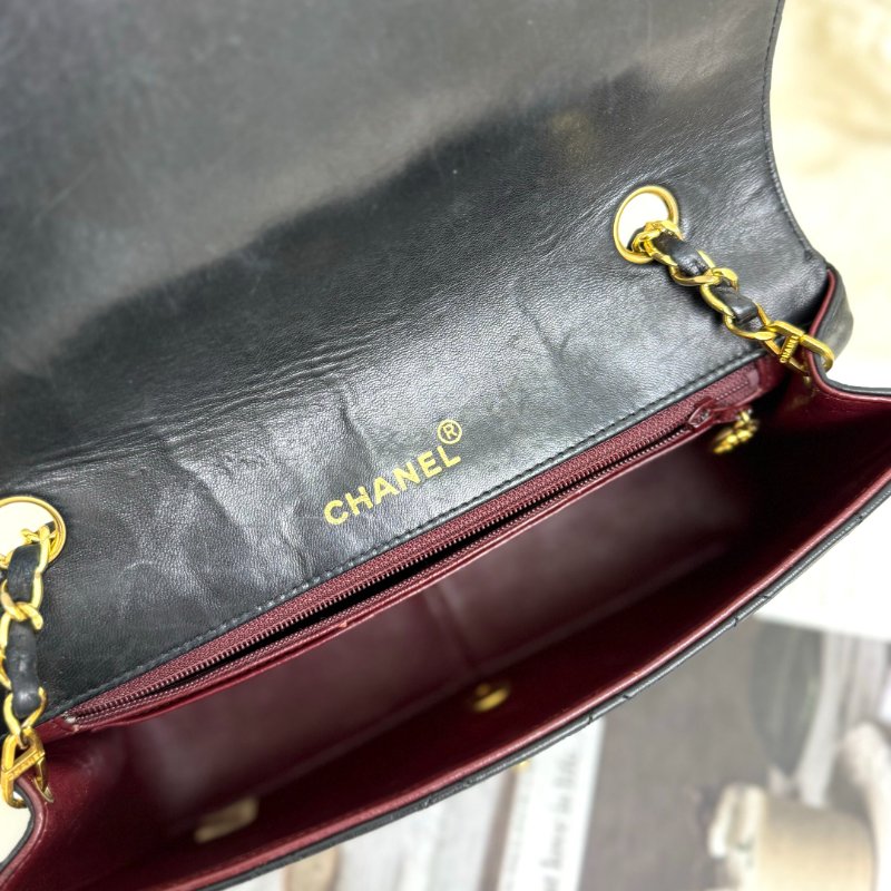 Chanel 戴妃包 黑色 菱格紋 羊皮 中號 鏈條 金扣-6