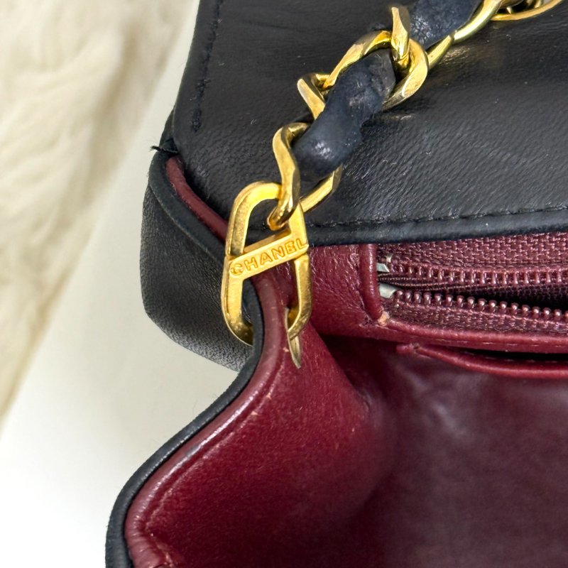 Chanel 戴妃包 黑色 菱格紋 羊皮 中號 鏈條 金扣-7