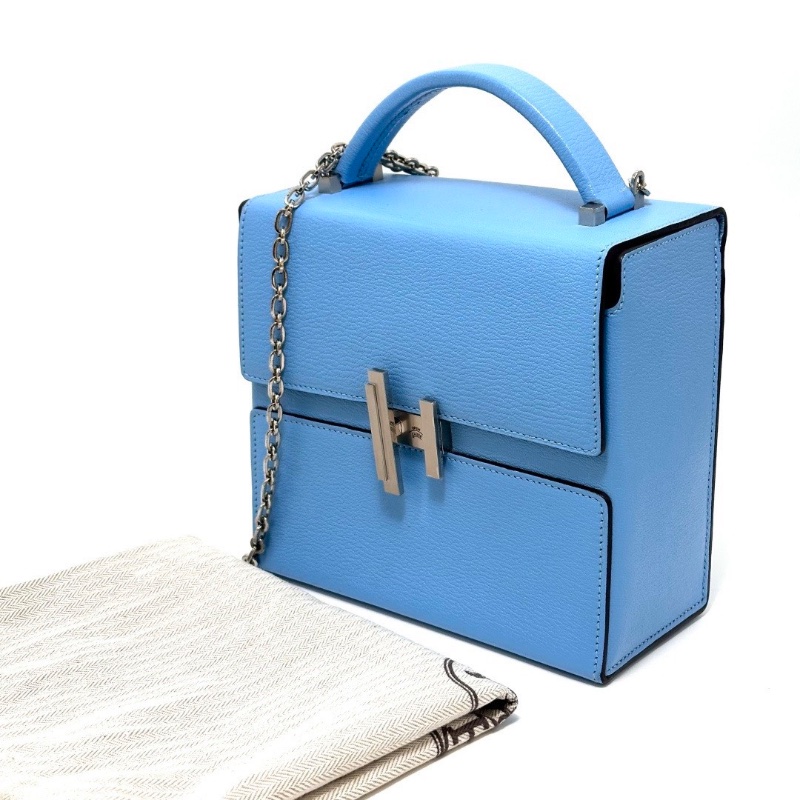 HERMES糖果藍銀扣Cinhetic18 盒子手提肩背斜背包18*17*8.5 98新配件塵袋-1