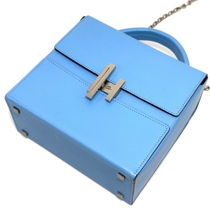 HERMES糖果藍銀扣Cinhetic18 盒子手提肩背斜背包18*17*8.5 98新配件塵袋-4