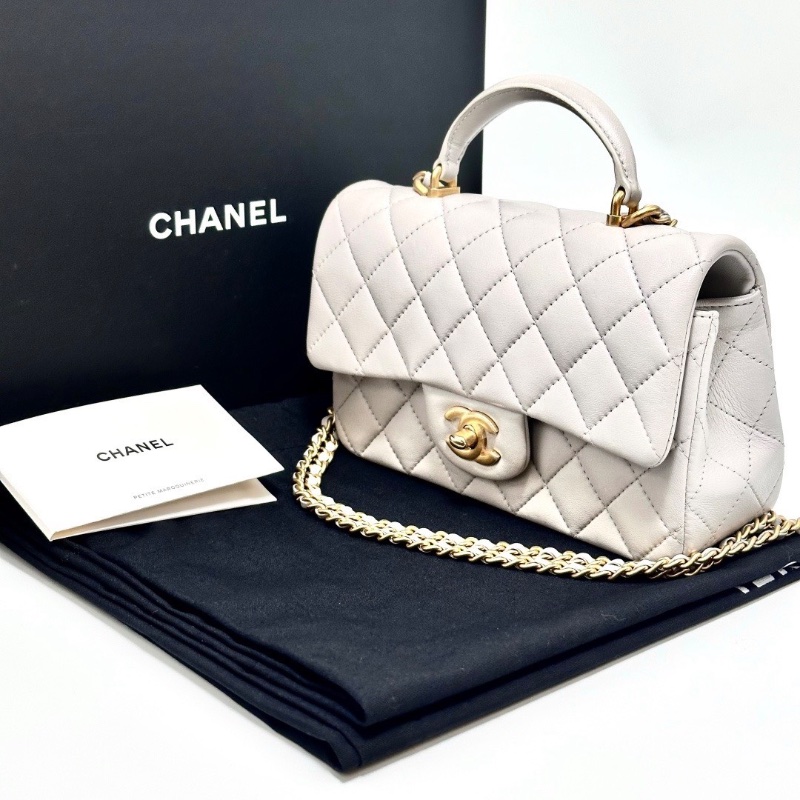CHANEL灰色菱格紋金扣手柄cf大mini肩背斜背包20*13*6.5 98新配件盒子塵袋-1