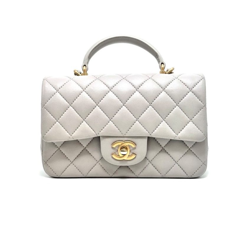 CHANEL灰色菱格紋金扣手柄cf大mini肩背斜背包20*13*6.5 98新配件盒子塵袋-2