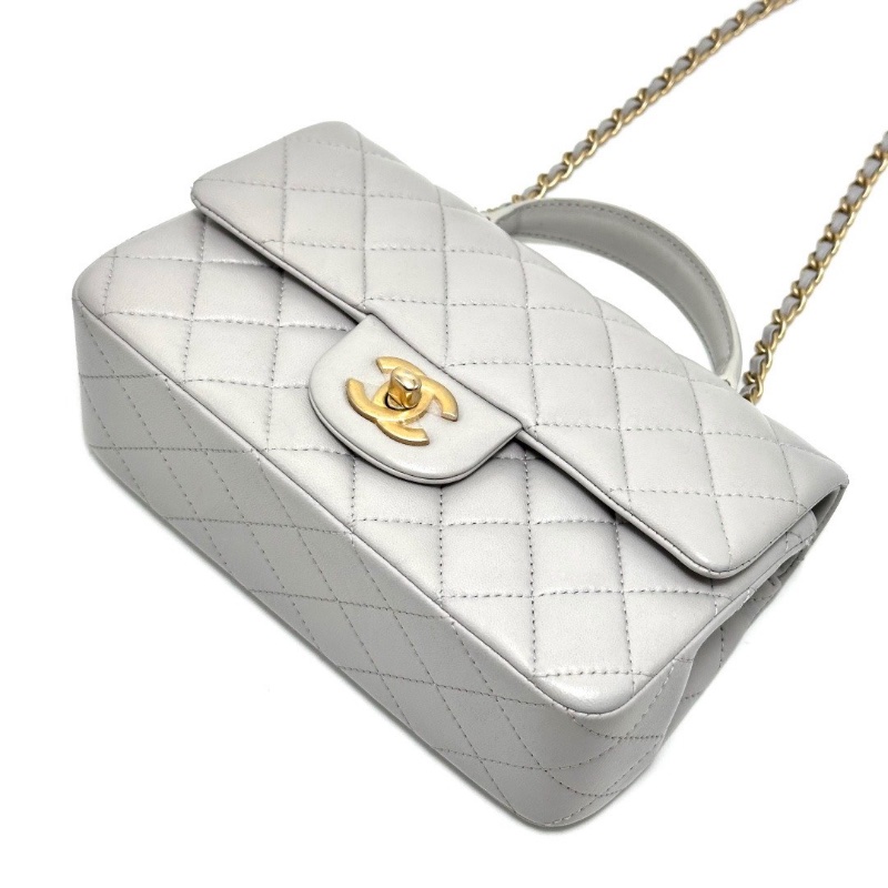 CHANEL灰色菱格紋金扣手柄cf大mini肩背斜背包20*13*6.5 98新配件盒子塵袋-3