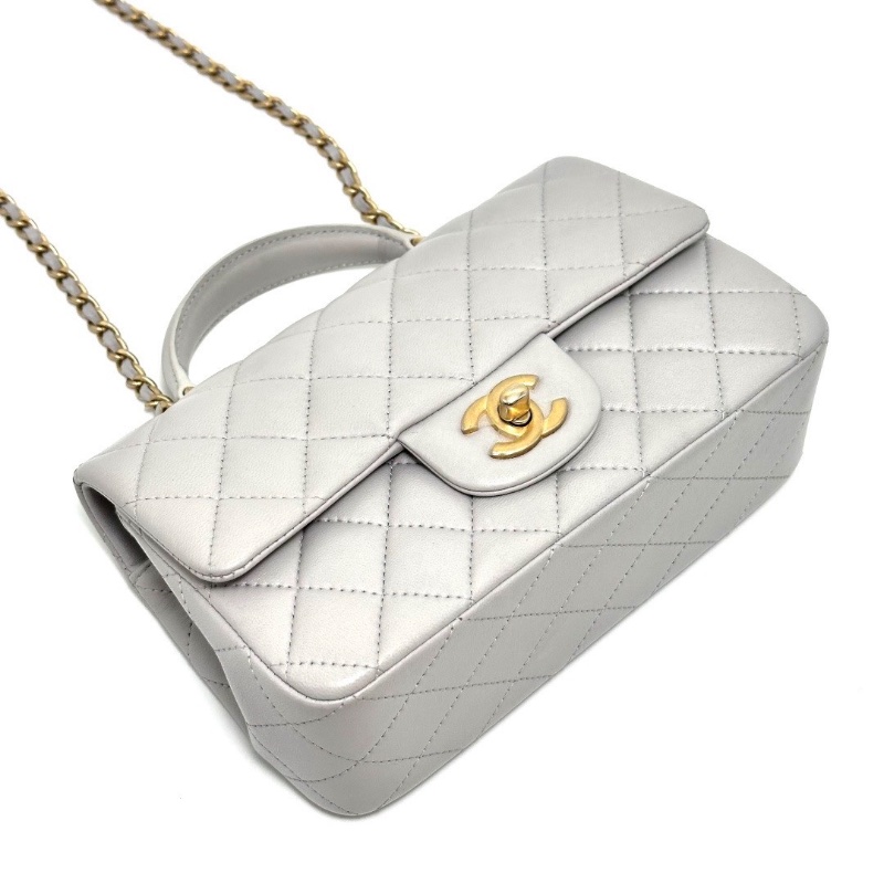 CHANEL灰色菱格紋金扣手柄cf大mini肩背斜背包20*13*6.5 98新配件盒子塵袋-5
