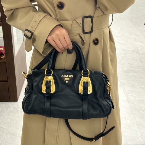 PRADA 藏青色金扣尼龍 手提肩背斜背包36*20*11 98新配件塵袋