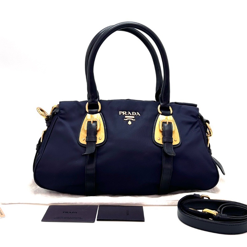 PRADA 藏青色金扣尼龍 手提肩背斜背包36*20*11 98新配件塵袋-1