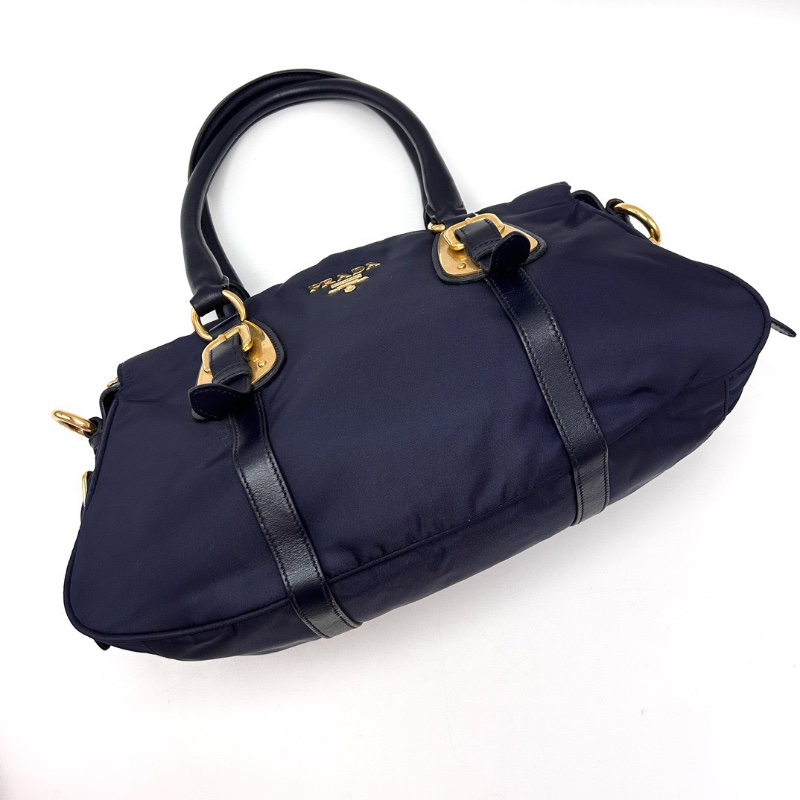PRADA 藏青色金扣尼龍 手提肩背斜背包36*20*11 98新配件塵袋-5