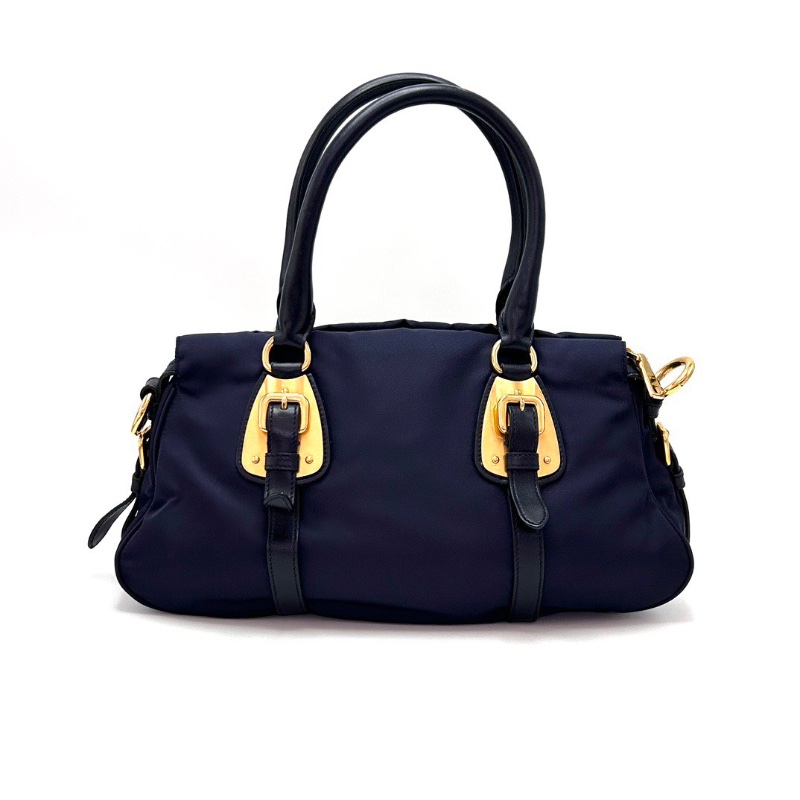 PRADA 藏青色金扣尼龍 手提肩背斜背包36*20*11 98新配件塵袋-6