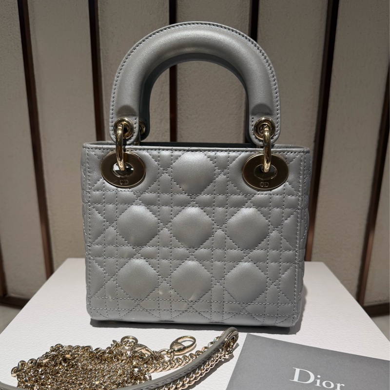【99新 ✨ 全網最低價！】Lady dior mini 戴妃三格 灰色金扣 羊皮（下單前先詢問庫存❗️）-1