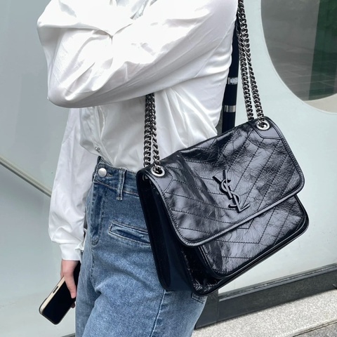 YSL油蠟皮Niki中號黑銀鏈條包 28*22 98新配件塵袋
