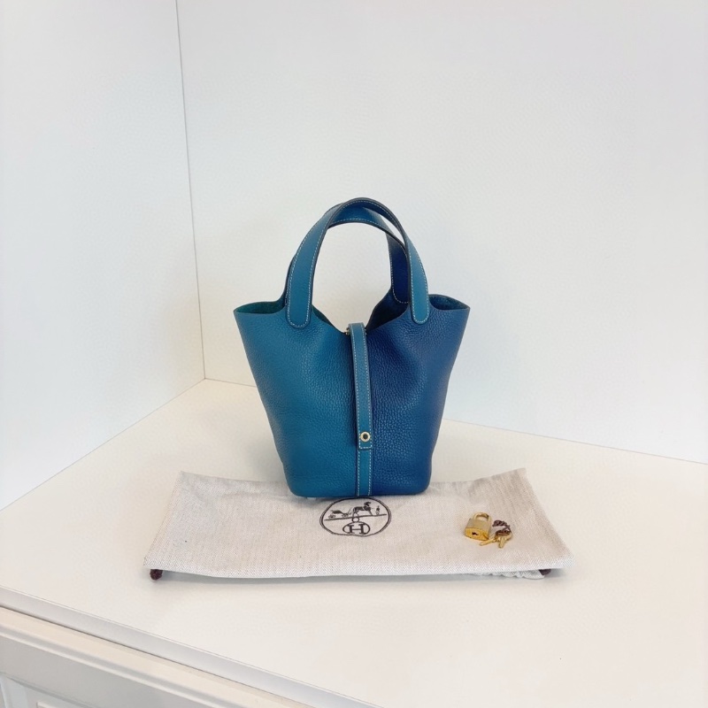 Hermes  Picotin拼色菜籃子18 新色 深邃藍拼博斯普魯斯綠 走白線18*18 98新配件塵袋-1