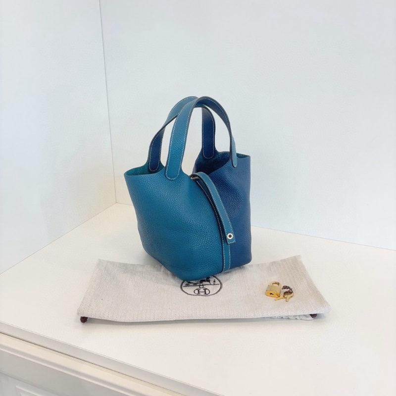 Hermes  Picotin拼色菜籃子18 新色 深邃藍拼博斯普魯斯綠 走白線18*18 98新配件塵袋-3