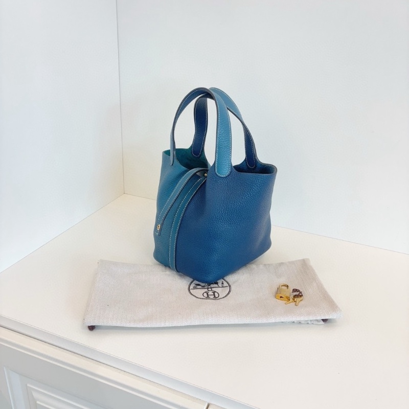 Hermes  Picotin拼色菜籃子18 新色 深邃藍拼博斯普魯斯綠 走白線18*18 98新配件塵袋-4