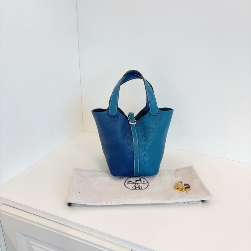 Hermes  Picotin拼色菜籃子18 新色 深邃藍拼博斯普魯斯綠 走白線18*18 98新配件塵袋-8