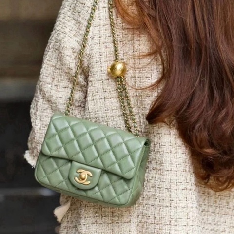 Chanel抹茶綠CF金球金珠 方胖子鏈條包 芯片款  99新配件塵袋