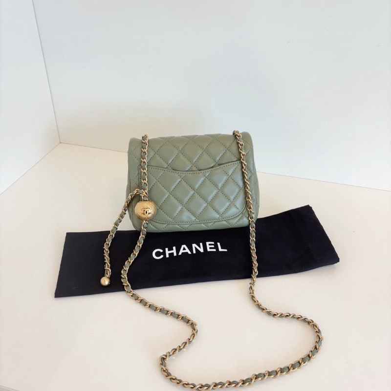 Chanel抹茶綠CF金球金珠 方胖子鏈條包 芯片款  99新配件塵袋-8