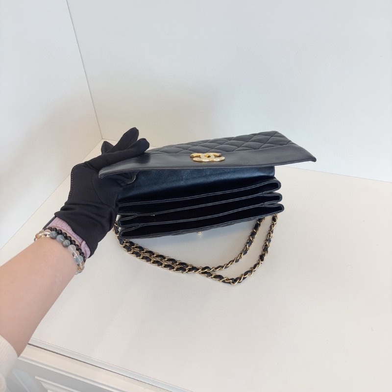 Chanel 黑金油臘皮拼光面牛皮 季節CF 口蓋包 25*17*6  98新配件塵袋-2