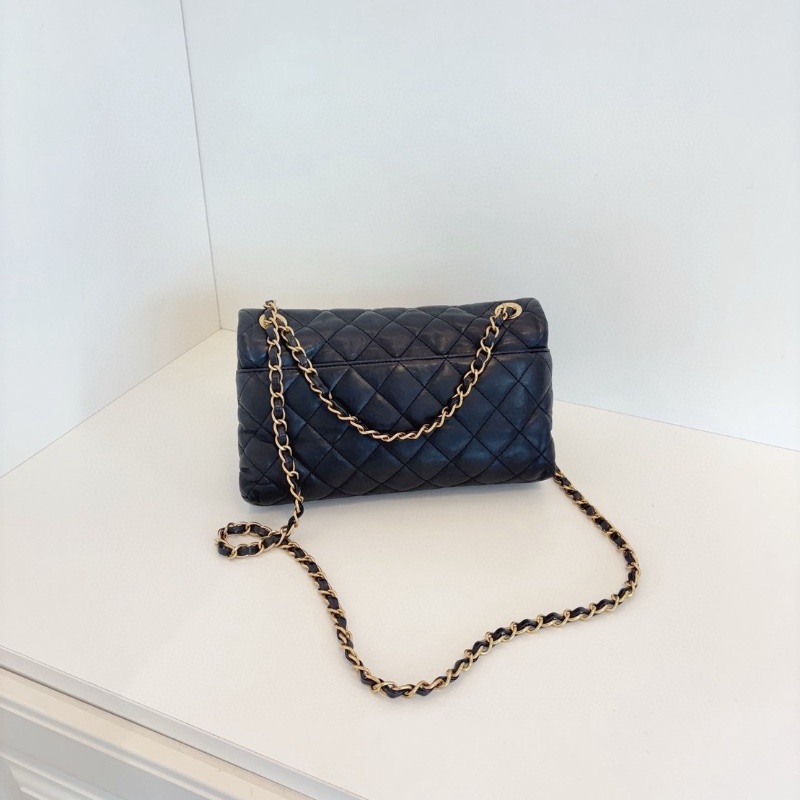 Chanel 黑金油臘皮拼光面牛皮 季節CF 口蓋包 25*17*6  98新配件塵袋-8