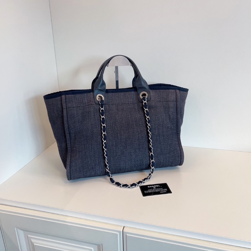 Chanel 牛仔藍沙灘包 帆布拼牛皮 38*30*18  98新配件塵袋保卡-9