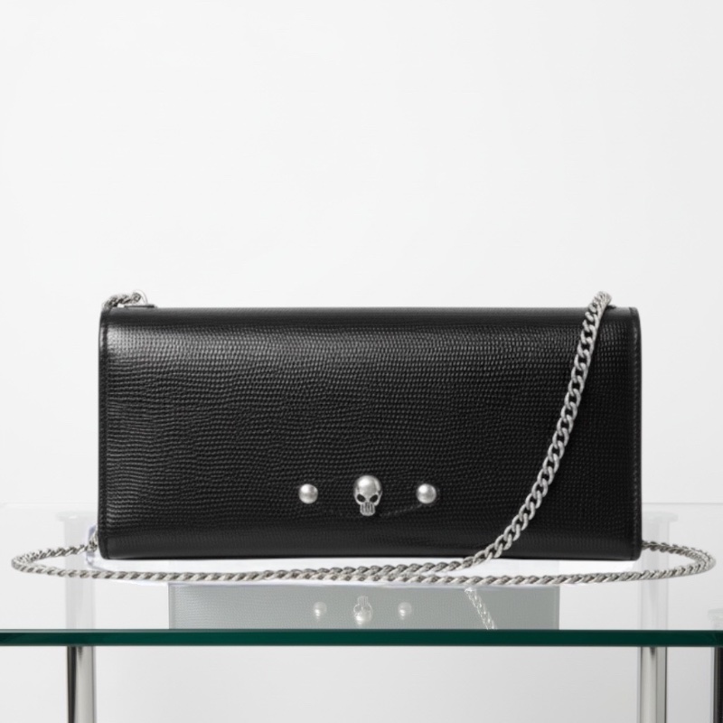 【二手 95 新】Alexander McQueen 亞歷山大麥昆骷髏頭鍊帶手拿包/皮夾-0