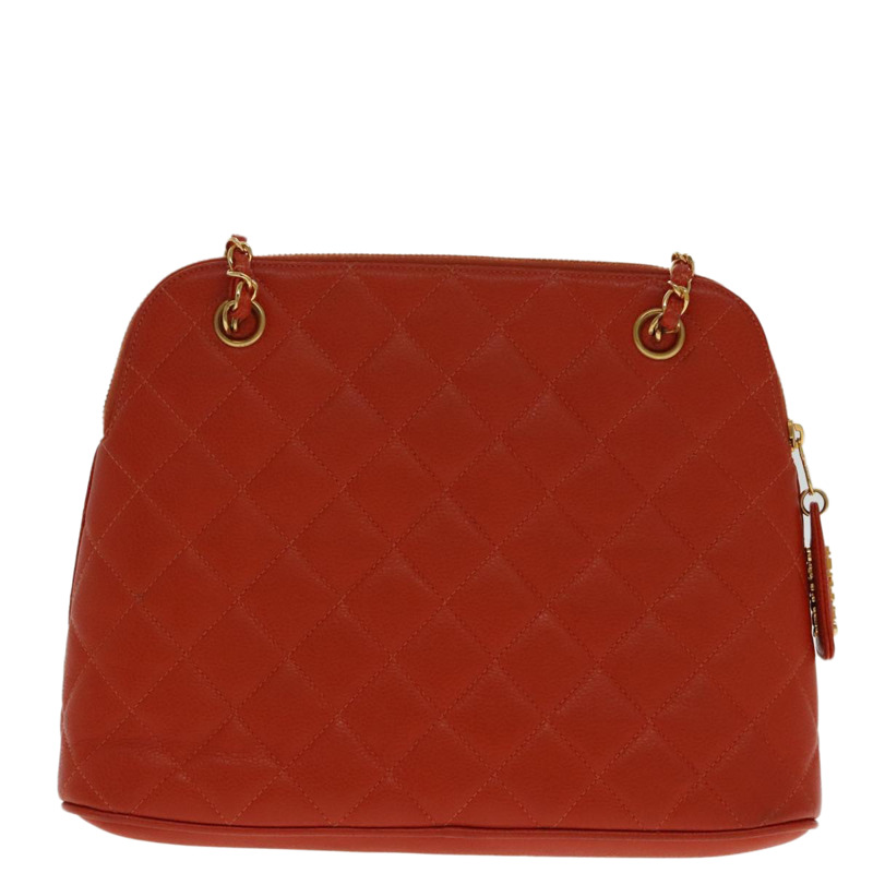 【日本直送】香奈兒 (CHANEL) 菱格紋鏈條肩背包 魚子醬皮 橘色 金色 CC 標誌 正品 yk15664V-1