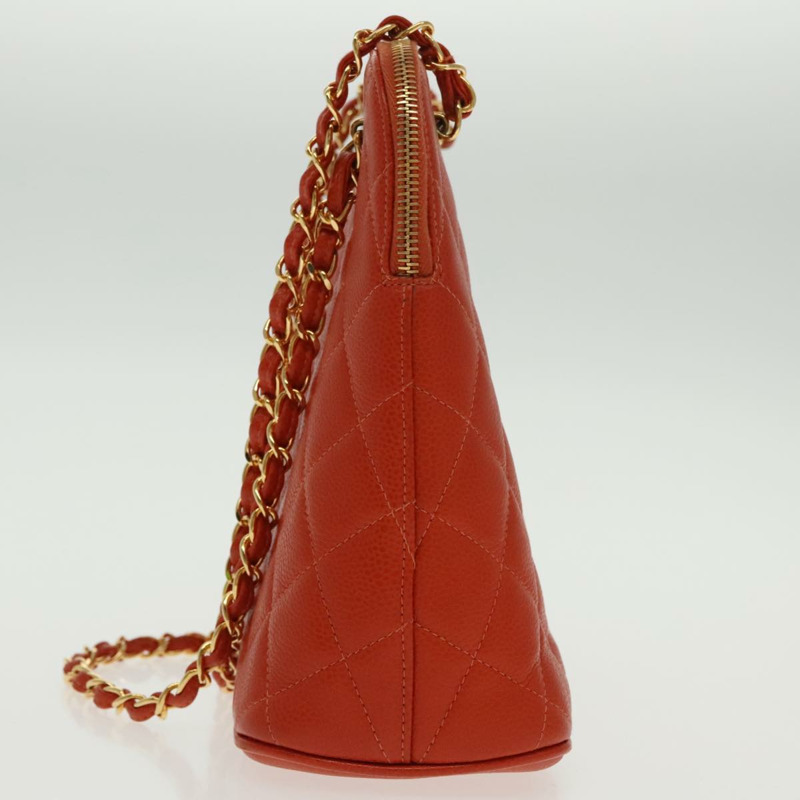 【日本直送】香奈兒 (CHANEL) 菱格紋鏈條肩背包 魚子醬皮 橘色 金色 CC 標誌 正品 yk15664V-2