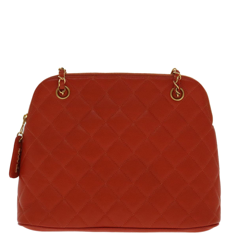 【日本直送】香奈兒 (CHANEL) 菱格紋鏈條肩背包 魚子醬皮 橘色 金色 CC 標誌 正品 yk15664V-12