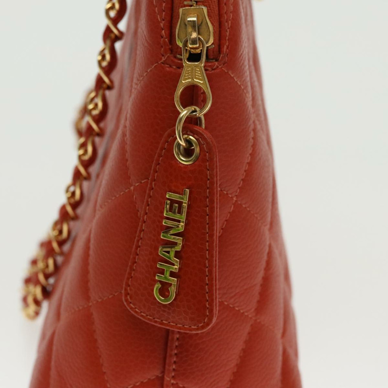 【日本直送】香奈兒 (CHANEL) 菱格紋鏈條肩背包 魚子醬皮 橘色 金色 CC 標誌 正品 yk15664V-16