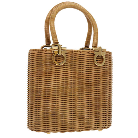 Salvatore Ferragamo Gancini 手提包，藤編米色金色，正品，貨號 98528M