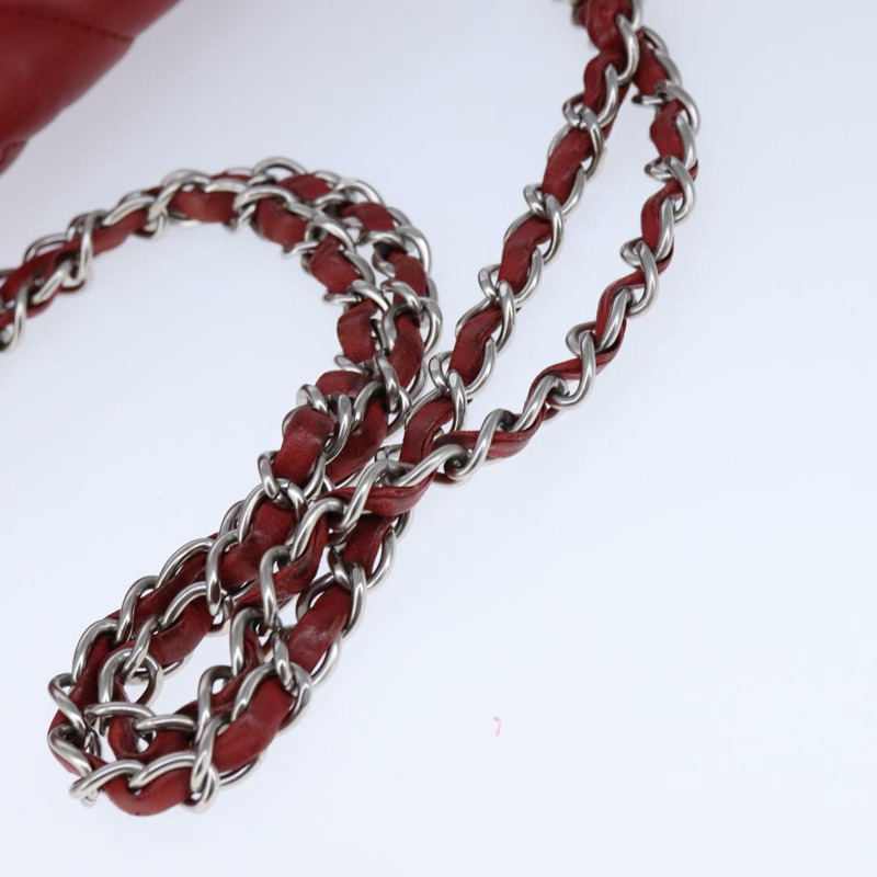 【日本直送】香奈兒 V 字縫線鏈條單肩背包，羊皮材質，紅色，CC 標誌，正品編號 102030SAM-6